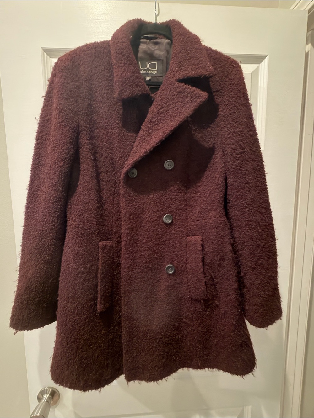 Utex Women's Burgundy Textured Double-Breasted Pea Coat